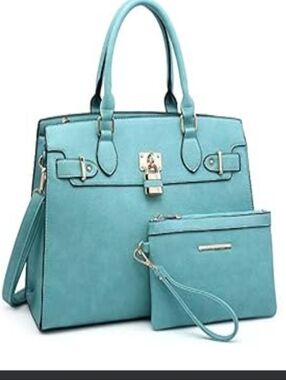 Structured Aqua Tote with Matching Wristlet - Women's Handbag